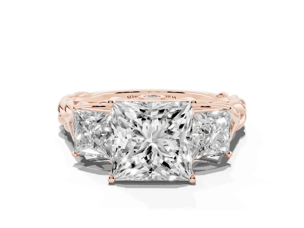 Three-Stone Princess Cut Diamond Braided Band Ring with Four-Prong Setting Rose gold
