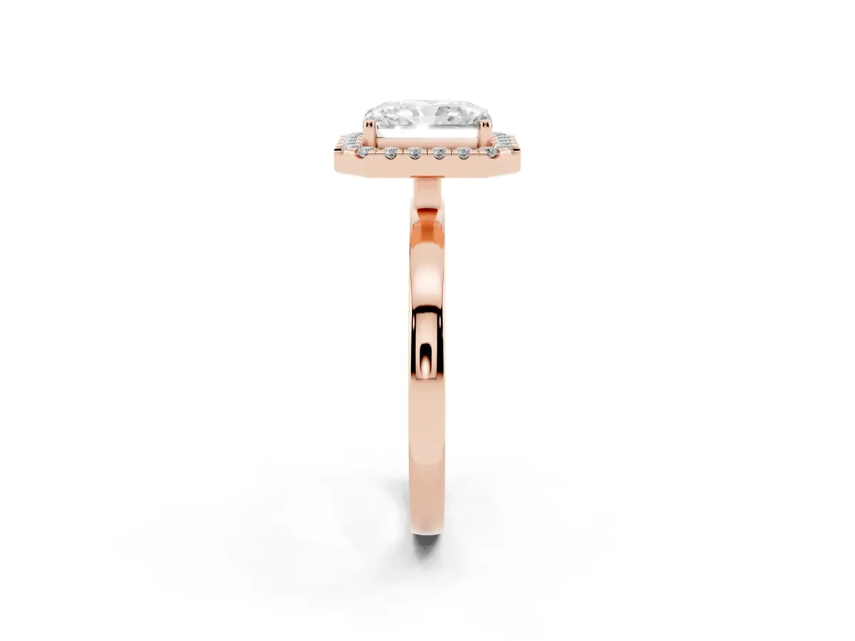 Radiant Cut Halo Diamond Solitaire with Pavé Band and Four-Prong Setting Rose gold
