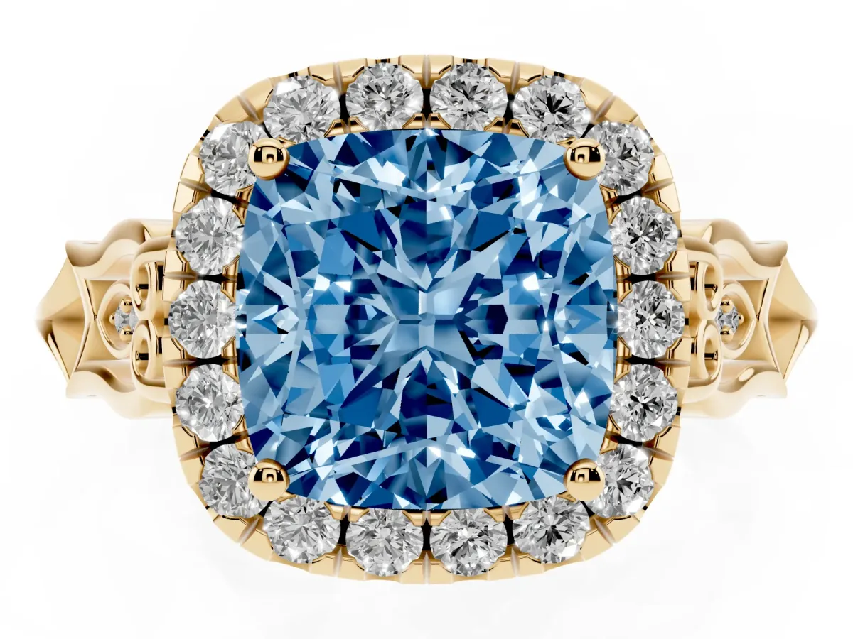Fancy Blue Cushion Cut Halo Diamond Engagement Ring with Filigree Band and Four-Prong Setting Yellow gold
