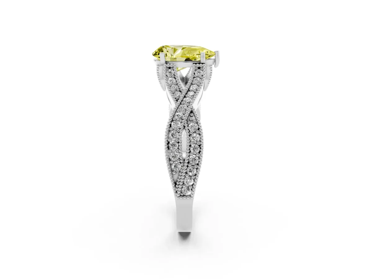 Fancy Yellow Pear Cut Cut Diamond Twisted Band with Milgrain Pave Setting and Four-Prong Setting Silver