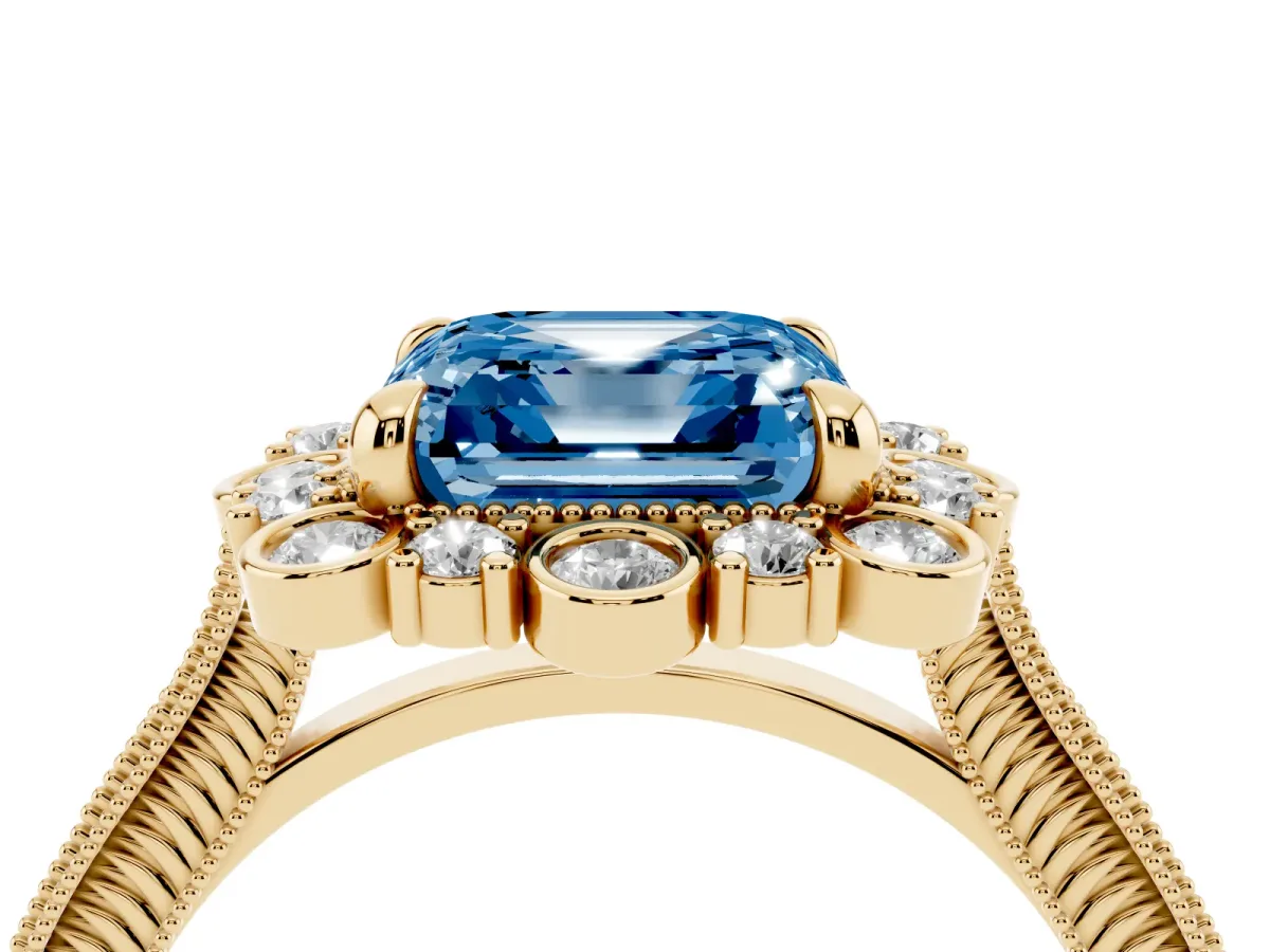 Fancy Blue Asscher Cut Halo Milgrain Pave Diamond Ring with Four-Prong Setting Yellow gold