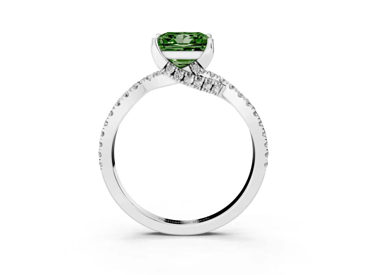 Fancy Green Princess Cut Solitaire Twist Pave Diamond Engagement Ring with Prong Setting Silver
