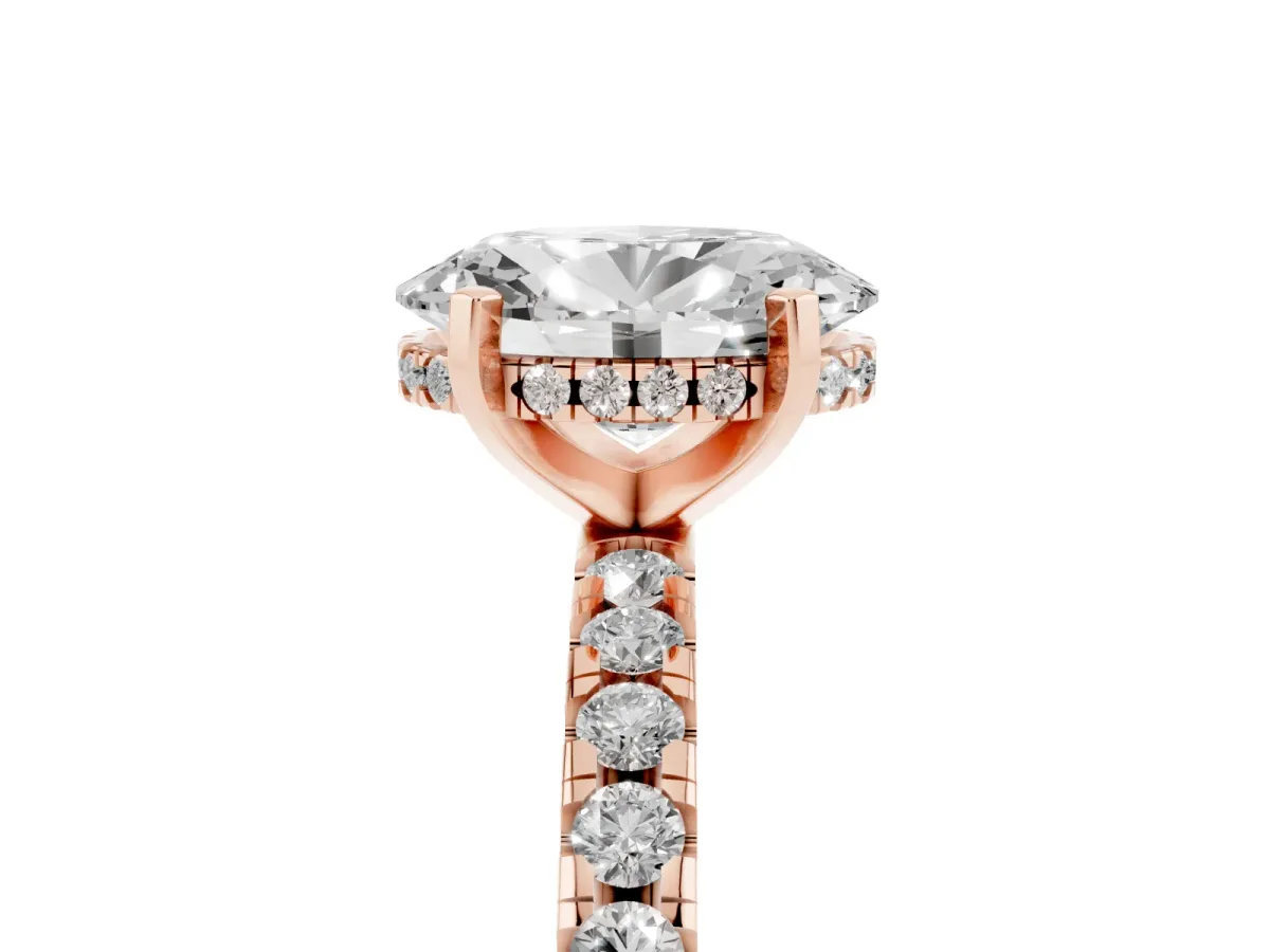 Oval Cut Diamond Solitaire Ring with Round Pavé Band and Four-Prong Setting Rose gold