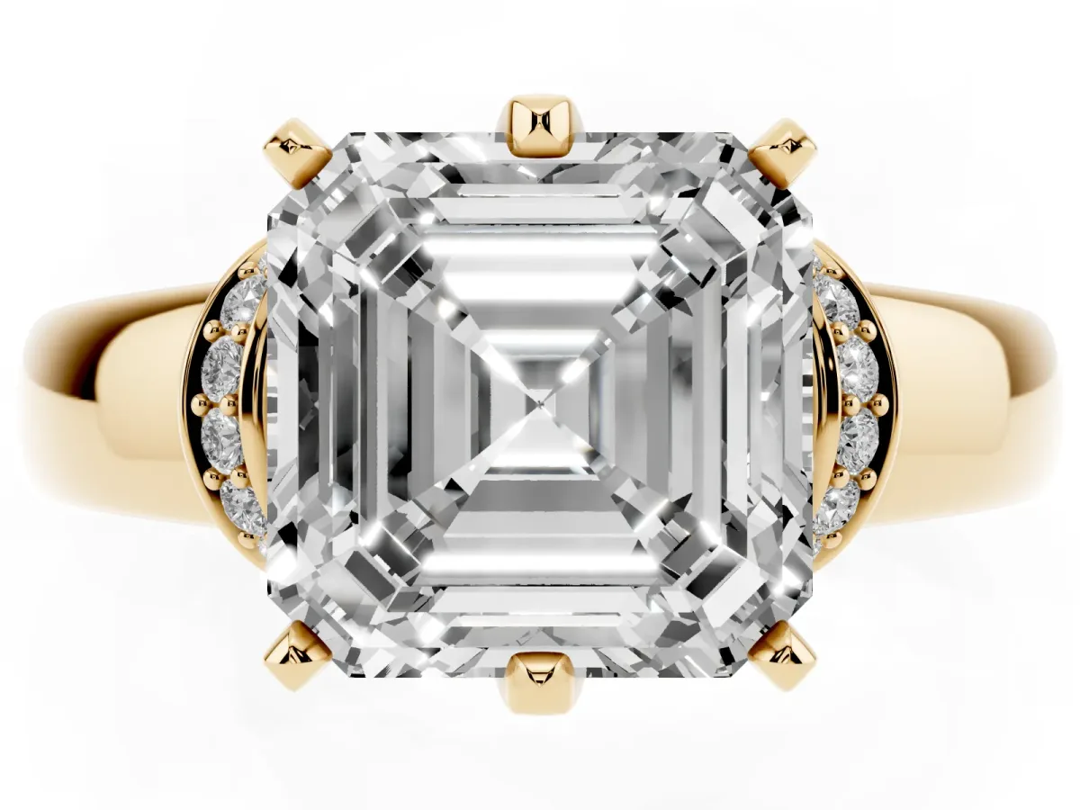 Asscher Cut Solitaire Diamond Ring with Pave Band and Six-Prong Setting Yellow gold