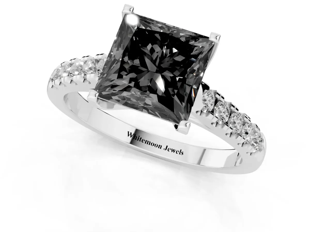 Fancy Black Princess Cut Diamond Pavé Band Solitaire Ring with Prong Setting Platinum