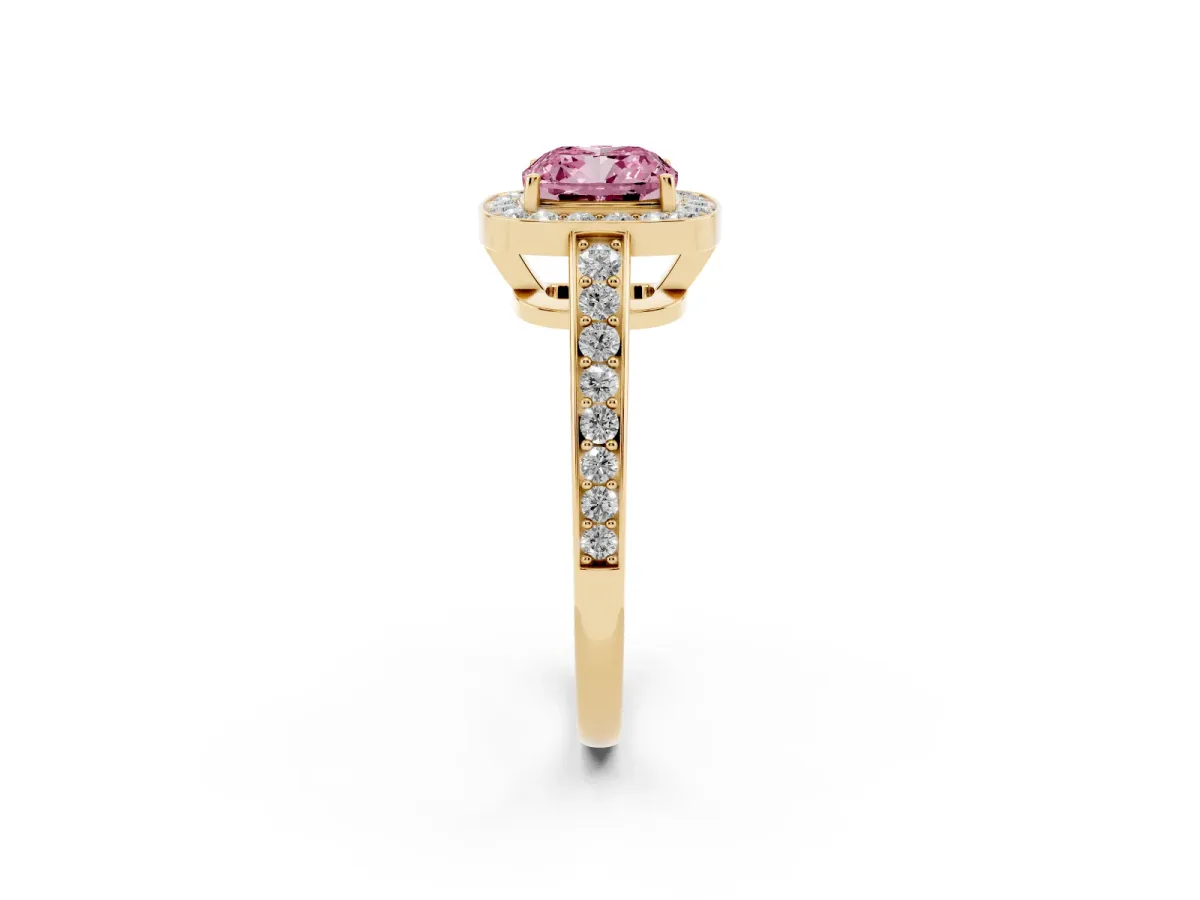 Fancy Pink Cushion Cut Halo Pavé Diamond Engagement Ring with Bezel Setting Yellow gold