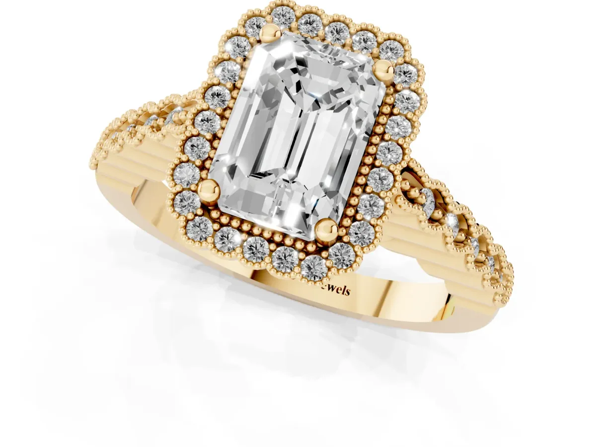 Radiant Cut Cut Halo Pavé Solitaire Ring with Milgrain Band Yellow gold