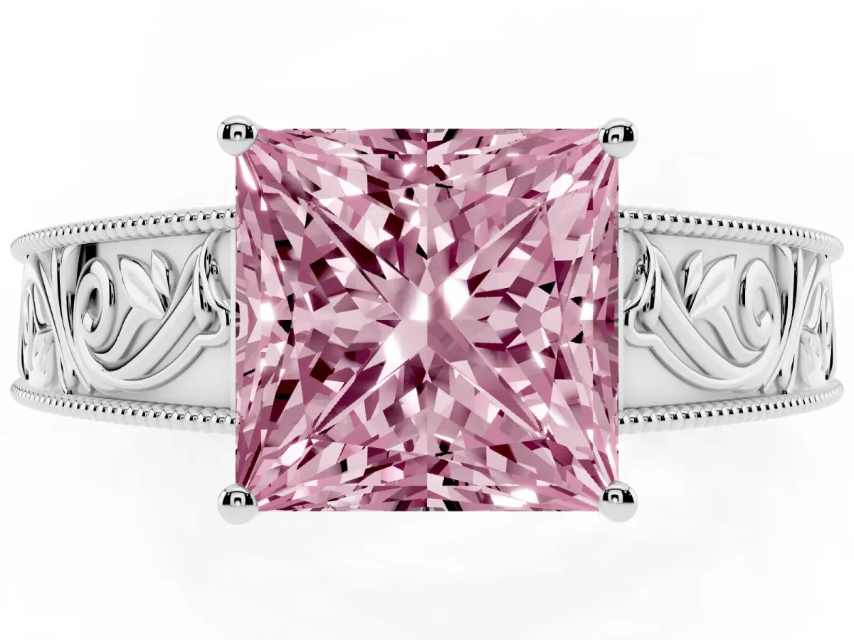 Fancy Pink Princess Cut Diamond Solitaire Ring with Engraved Band and Four-Prong Setting White gold