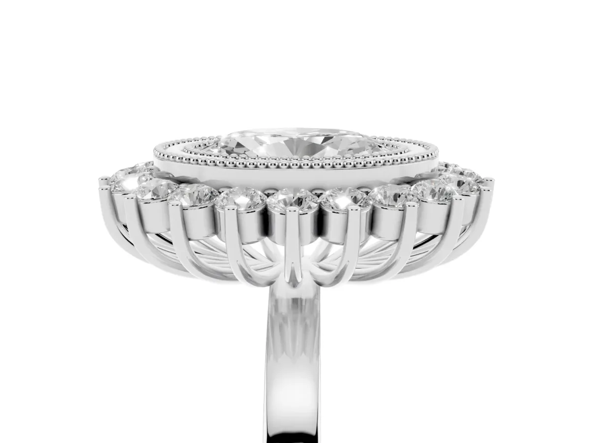 Oval Cut Halo Diamond Ring with Milgrain Edge and Round Prong Setting Silver