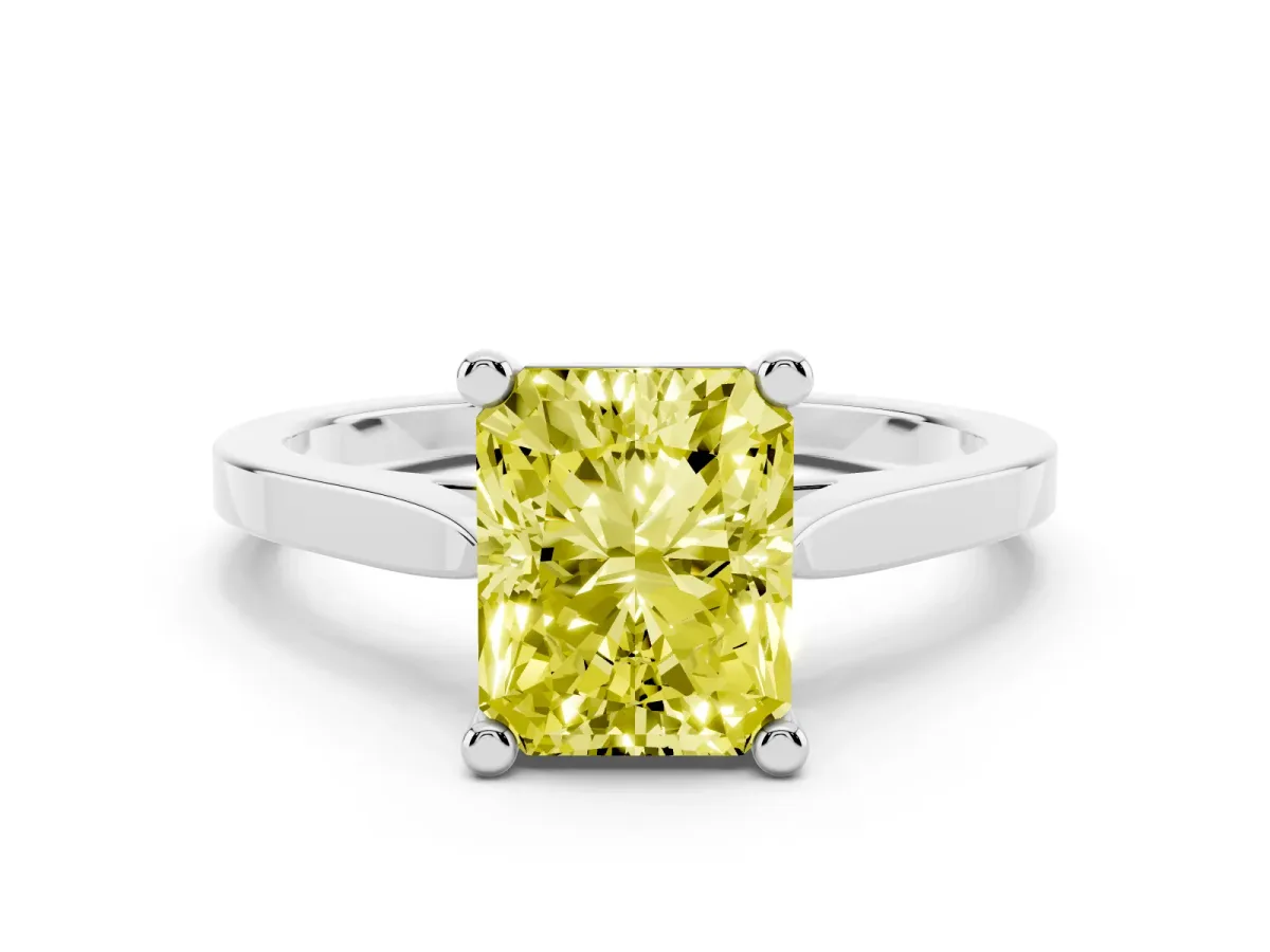 Fancy Yellow Radiant Cut Solitaire Diamond Ring with Four-Prong Setting and Tapered Band Silver
