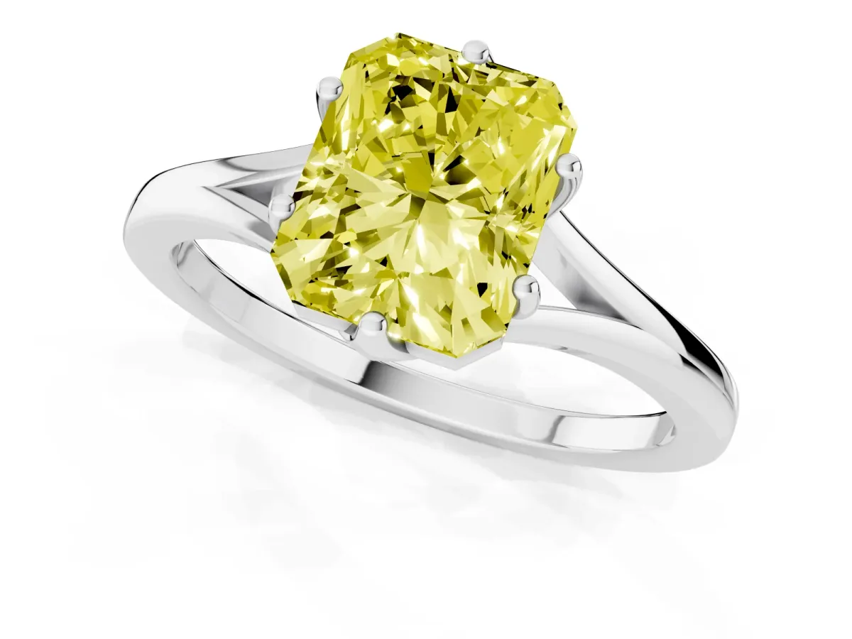 Fancy Yellow Radiant Cut Solitaire Diamond Ring with Six-Prong Setting and Tapered Band Platinum