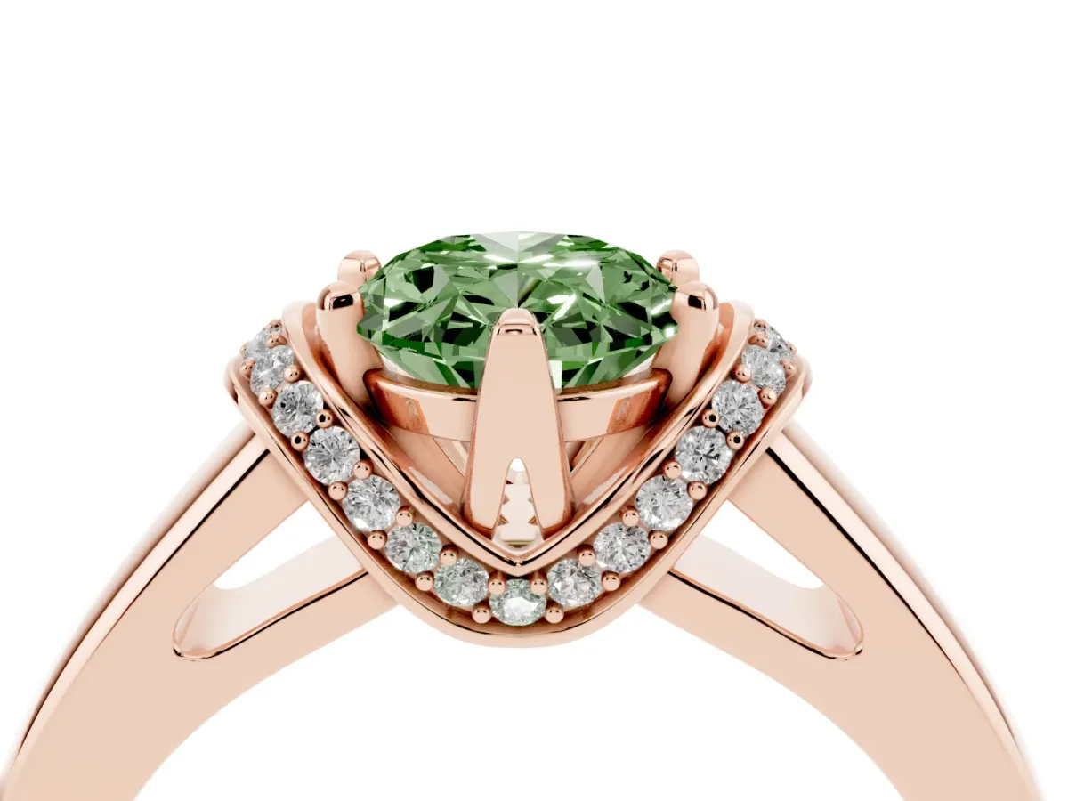 Fancy Green Oval Cut Solitaire Diamond Ring with Pave Band and Six-Prong Setting Rose gold