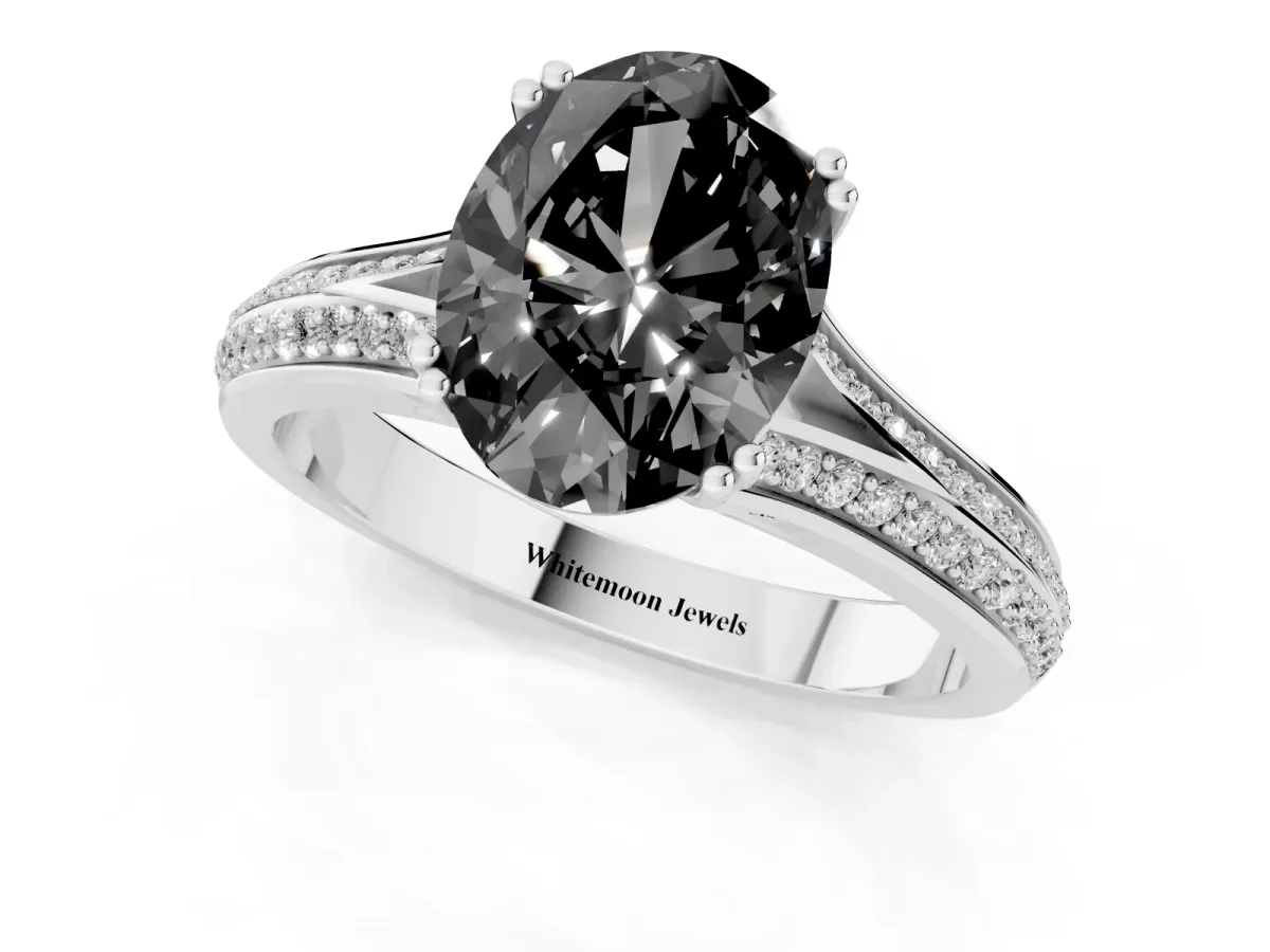 Fancy Black Oval Cut Diamond Split Shank Engagement Ring with Pavé Band White gold