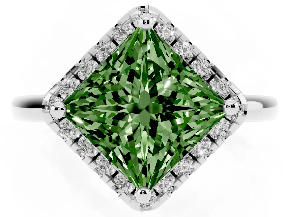 Fancy Green Princess Cut Halo Round Diamond Solitaire Engagement Ring with Pave Band and Four-Prong Setting White gold