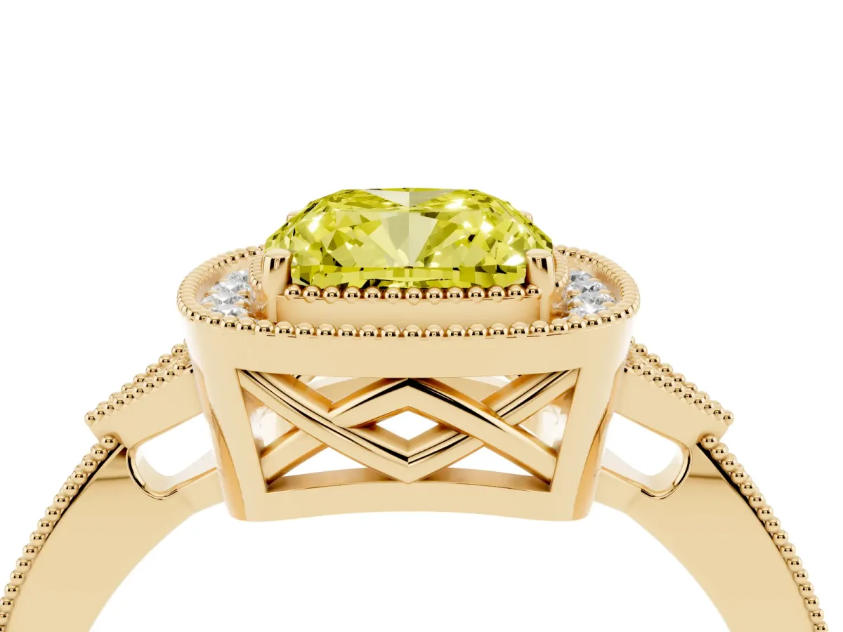 Fancy Yellow Cushion Cut Halo Round Diamond Milgrain Pave Engagement Ring Yellow gold