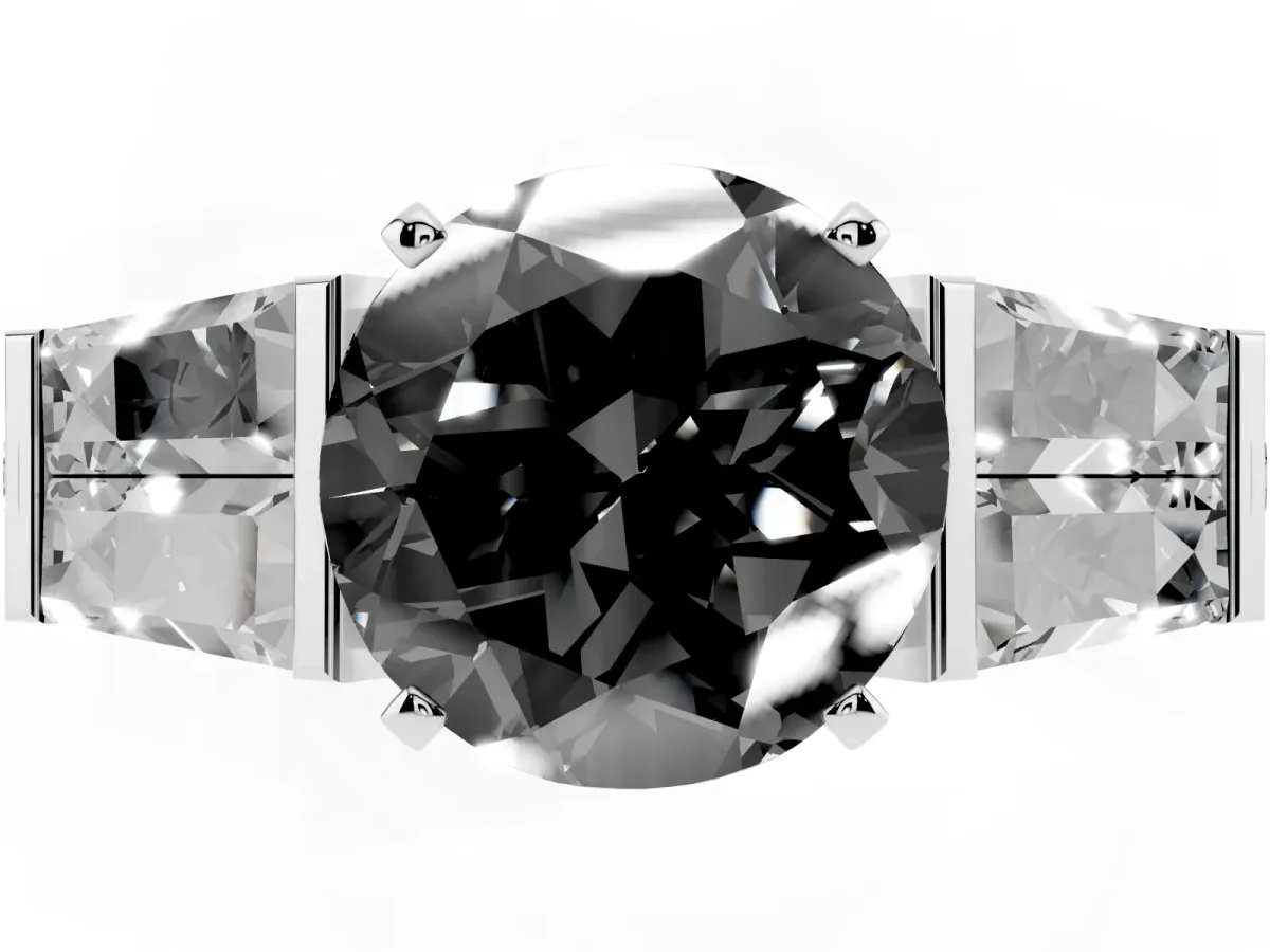 Fancy Black Round Cut Diamond Engagement Ring with Baguette Side Stones and Channel Set Band Platinum