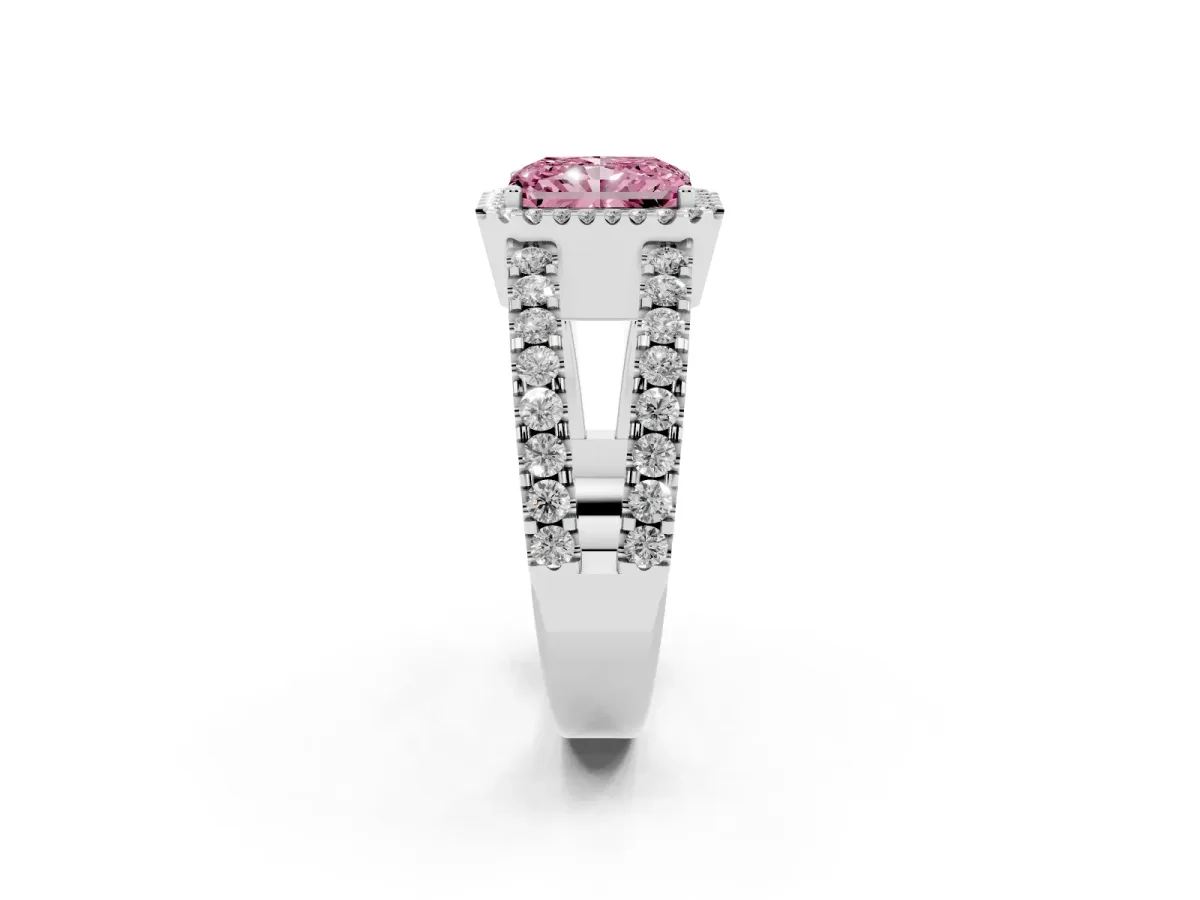 Fancy Pink Radiant Cut Cut Halo Split Shank Diamond Ring with Four-Prong Setting Silver