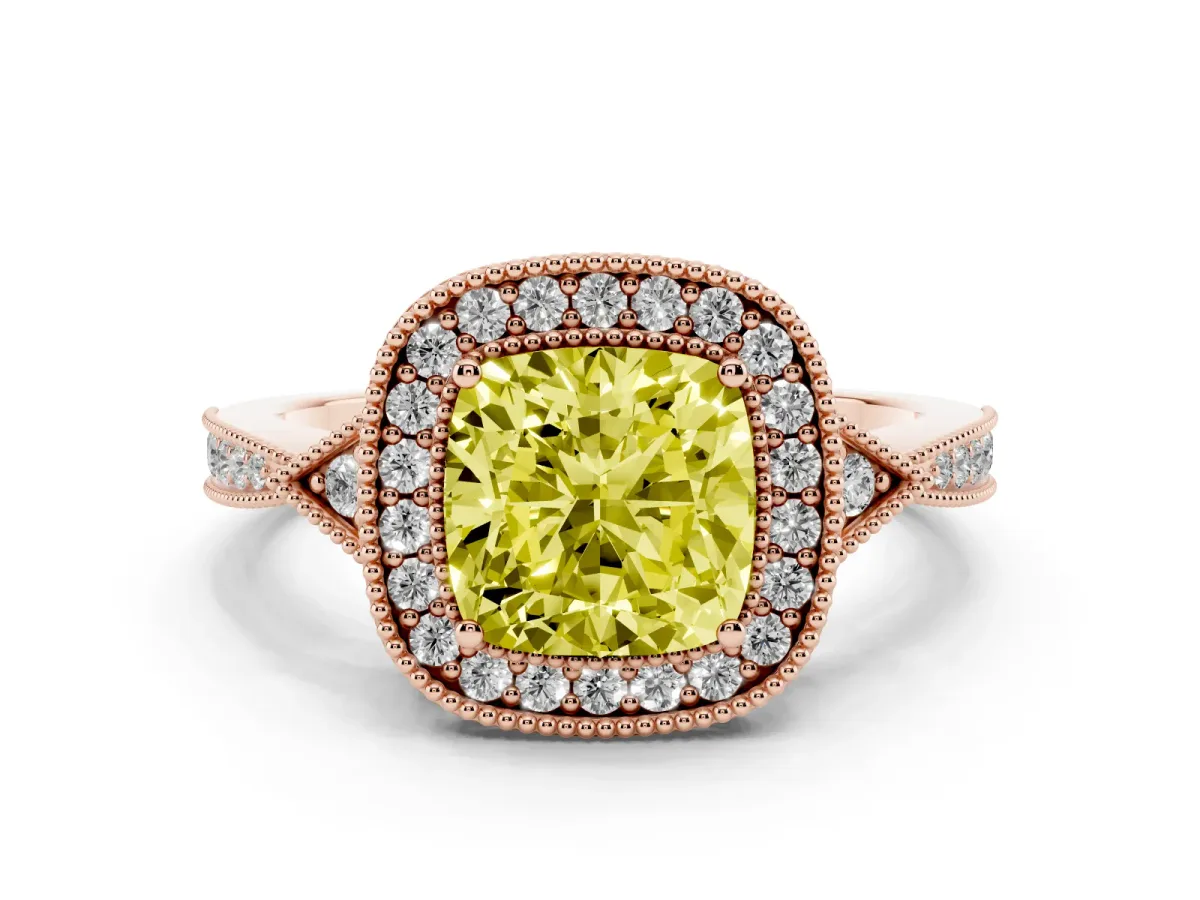 Fancy Yellow Cushion Cut Halo Round Diamond Milgrain Pave Engagement Ring Rose gold