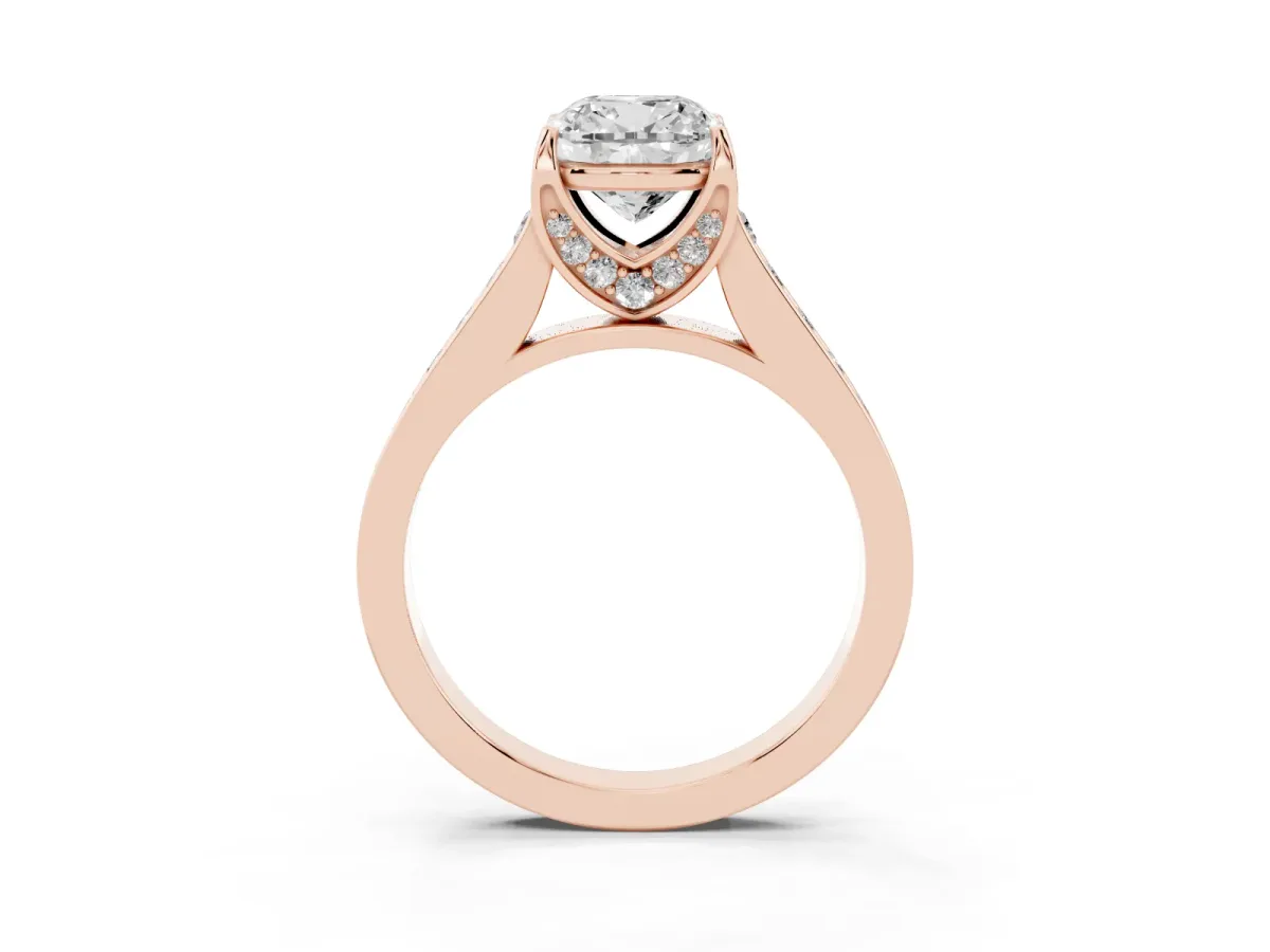 Cushion Cut Brilliant Cut Diamond Engagement Ring with Pavé Band and Four-Prong Setting Rose gold