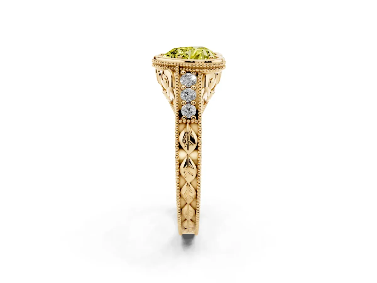 Fancy Yellow Bezel Set Heart Cut Diamond Milgrain Pave Engagement Ring Yellow gold