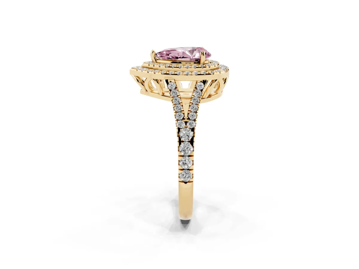 Fancy Pink Pear Cut Diamond Double Halo Ring with Pavé Band and Prong Setting Yellow gold