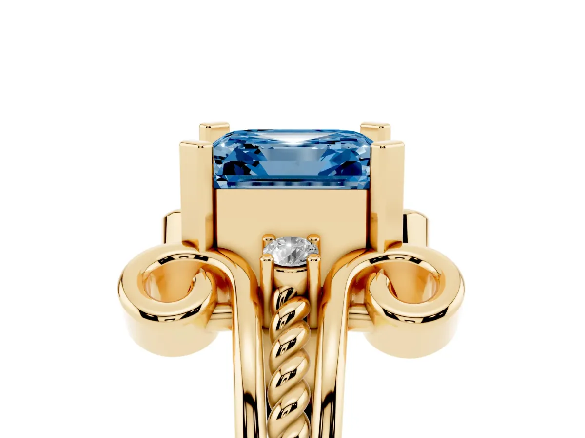 Fancy Blue Asscher Cut Solitaire Twisted Band Scroll Prong Ring Yellow gold