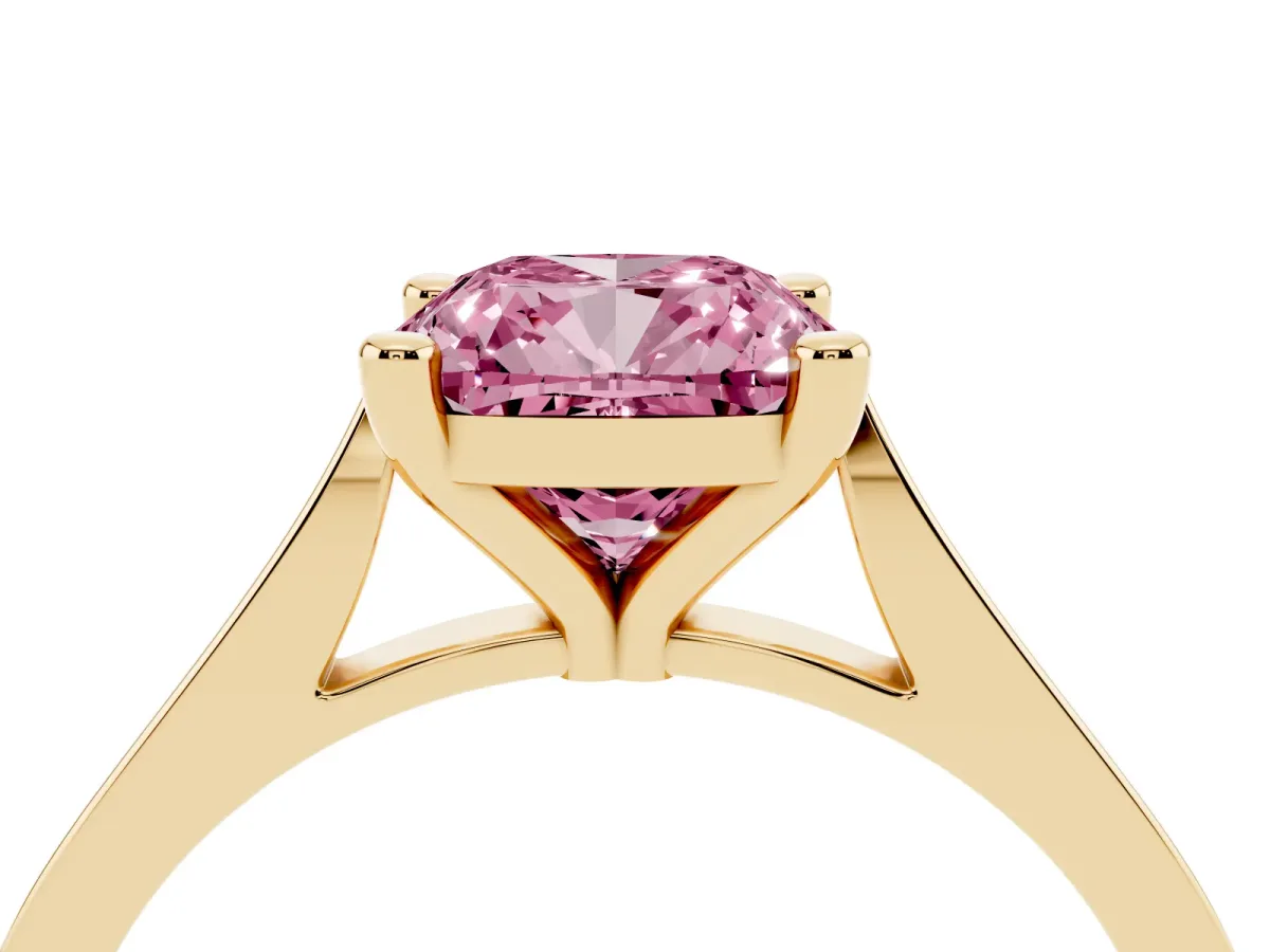 Fancy Pink Cushion Cut Solitaire Diamond Ring with Four-Prong Setting and Tapered Band Yellow gold