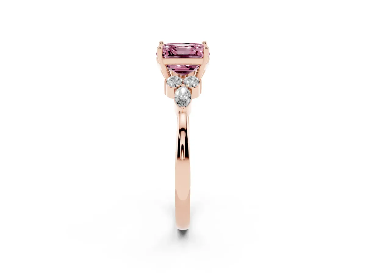 Fancy Pink Asscher Cut Brilliant Diamond Solitaire Ring with Pear Side Stones and Four-Prong Setting Rose gold
