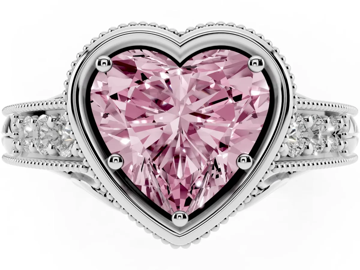 Fancy Pink Bezel Set Heart Cut Diamond Milgrain Pave Engagement Ring Silver