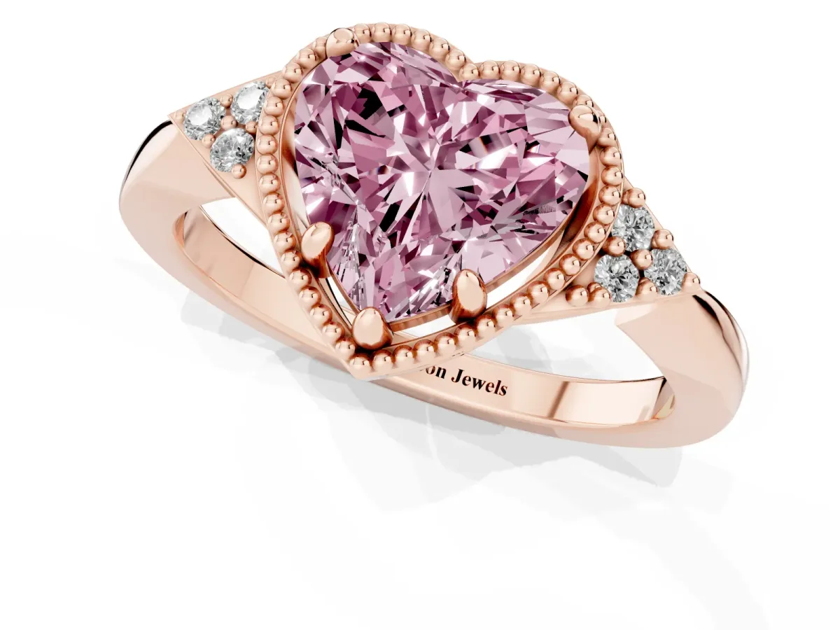 Fancy Pink Heart Cut Diamond Halo Ring with Tapered Band and Four-Prong Setting Rose gold