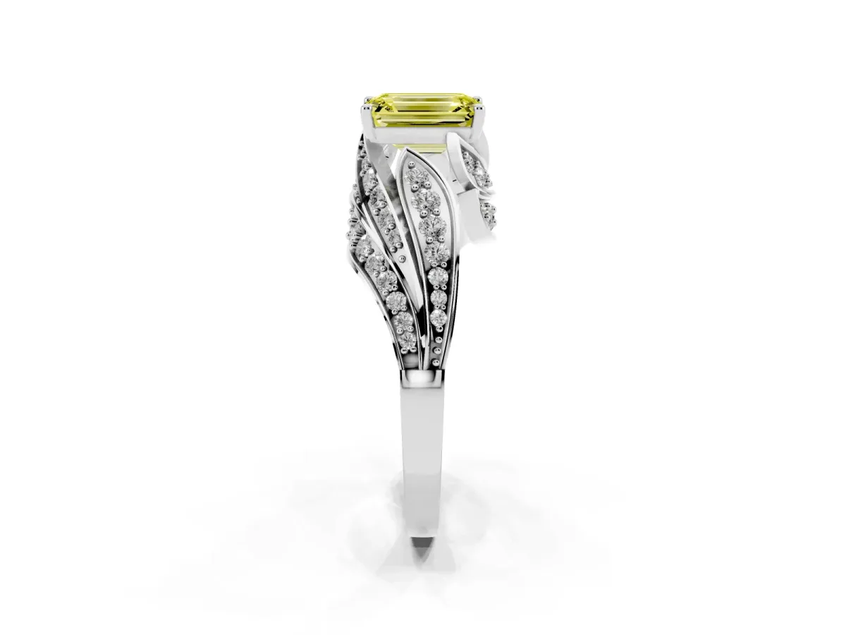 Fancy Yellow Emerald Cut Diamond Solitaire Ring with Prong Setting and Twisted Pavé Band Silver