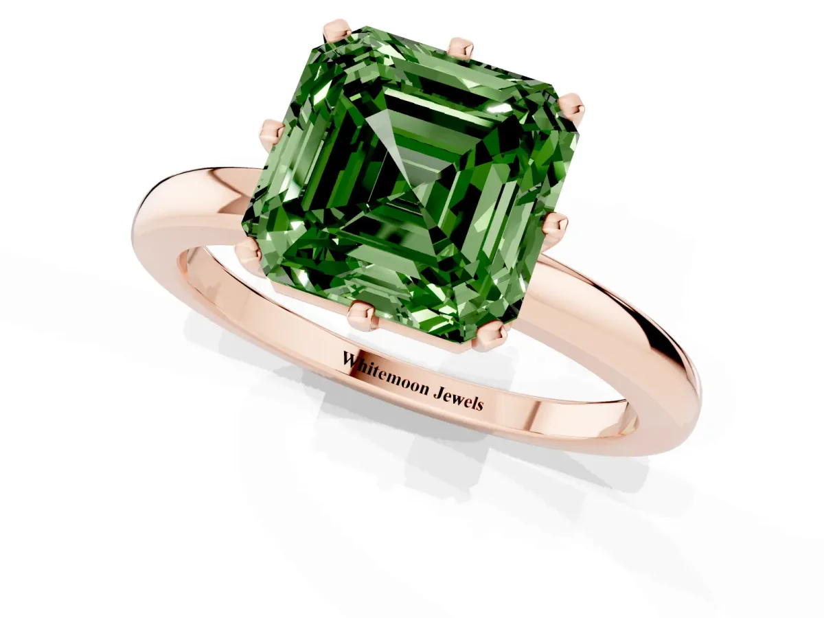 Fancy Green Asscher Cut Solitaire Diamond Ring with Six-Prong Setting on a Classic Band Rose gold