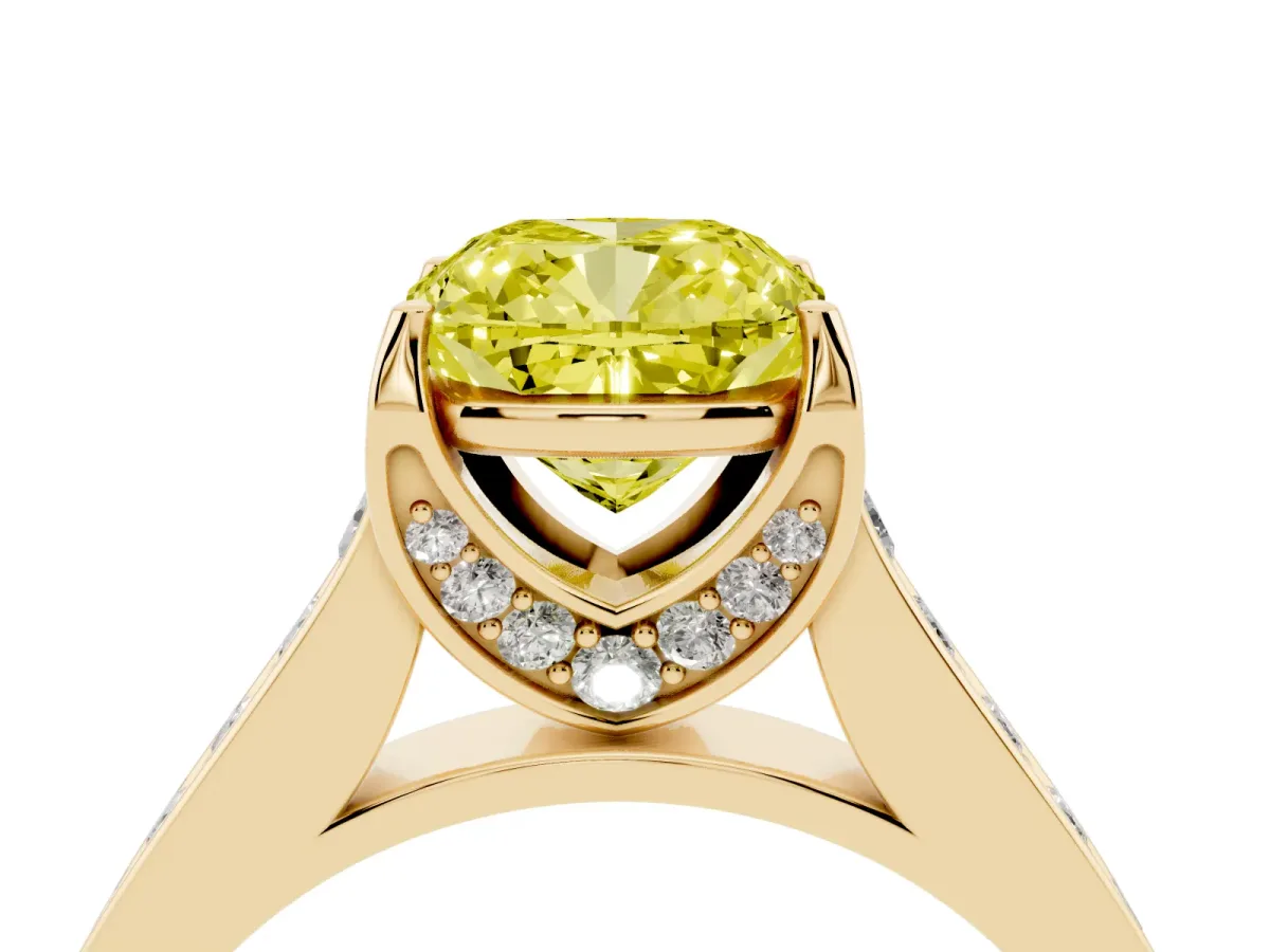Fancy Yellow Cushion Cut Brilliant Cut Diamond Engagement Ring with Pavé Band and Four-Prong Setting Yellow gold