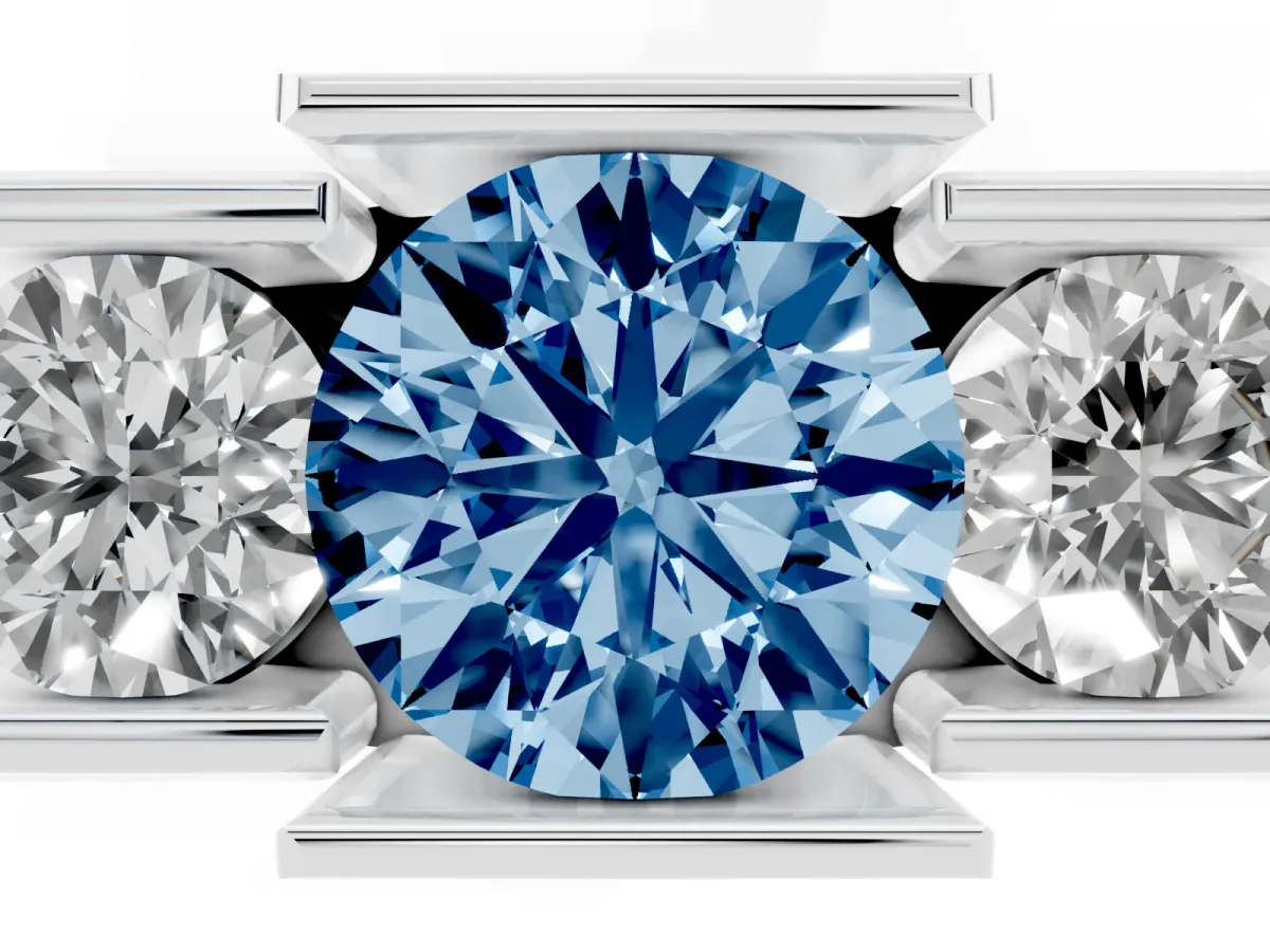 Fancy Blue Three Stone Round Cut Cut Channel Set Diamond Ring Platinum