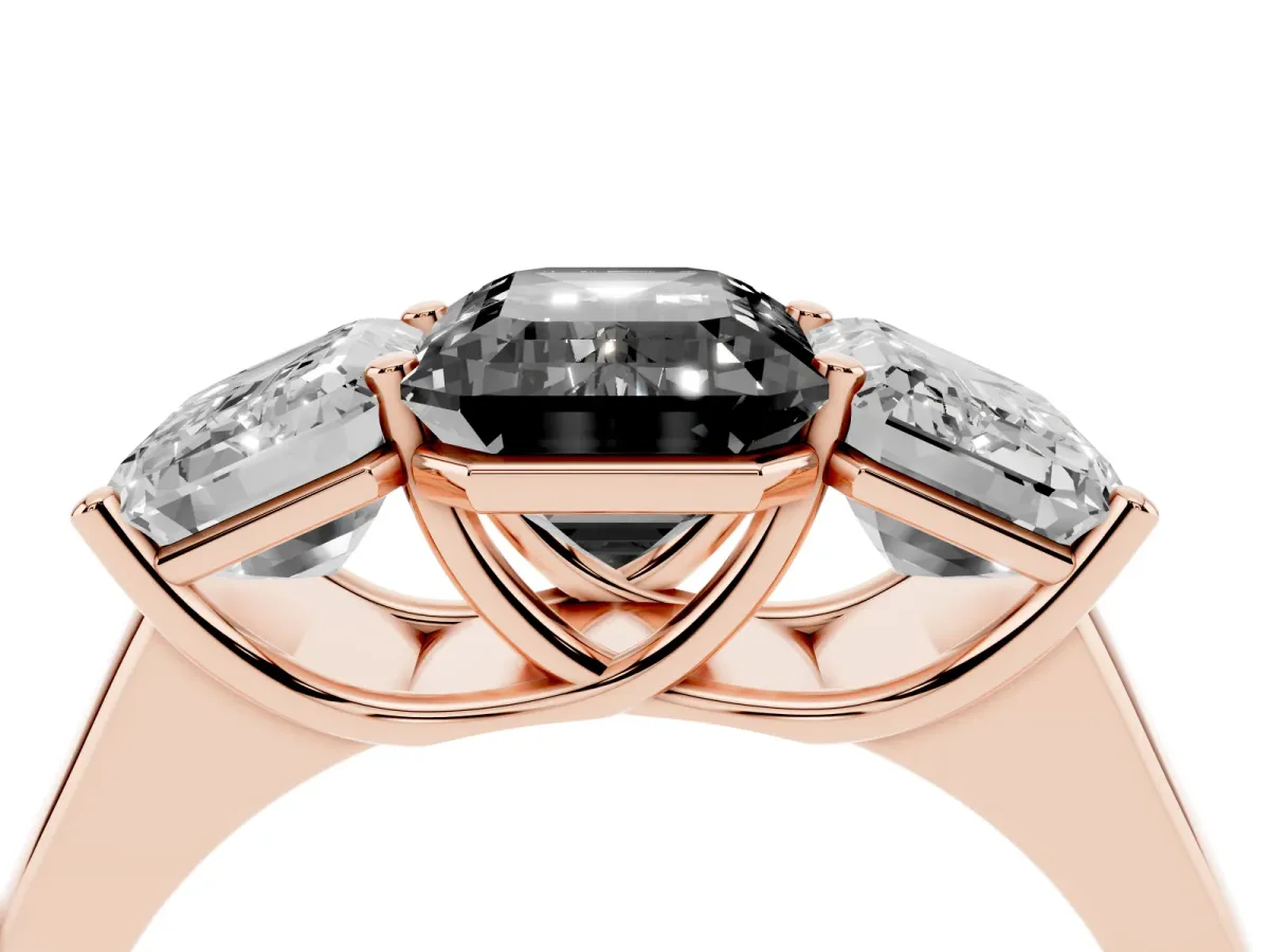 Fancy Black Emerald Cut Three-Stone Diamond Ring with Prong Setting on a Classic Band Rose gold