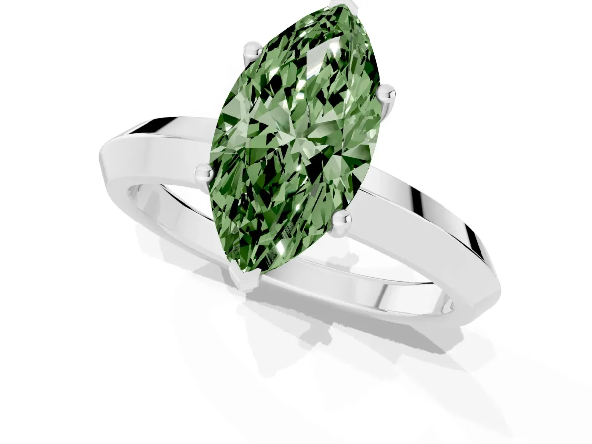 Fancy Green Marquise Cut Cut Solitaire Engagement Ring with Flat Band and Four-Prong Setting Silver
