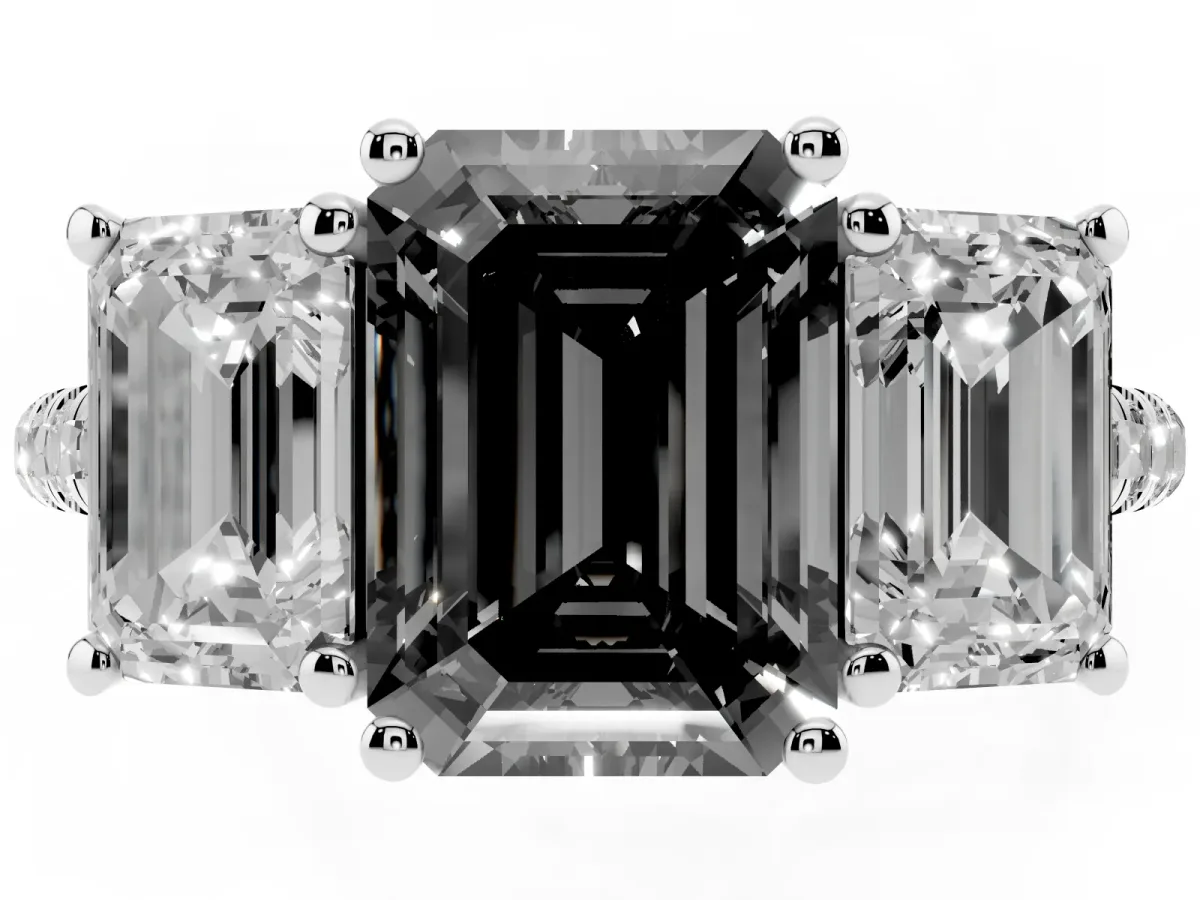 Fancy Black Three-Stone Emerald Cut Diamond Ring with Round Pavé Band and Prong Setting Silver