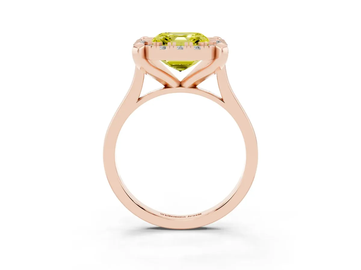 Fancy Yellow Asscher Cut Diamond Cluster Halo Solitaire with Four-Prong Setting Rose gold