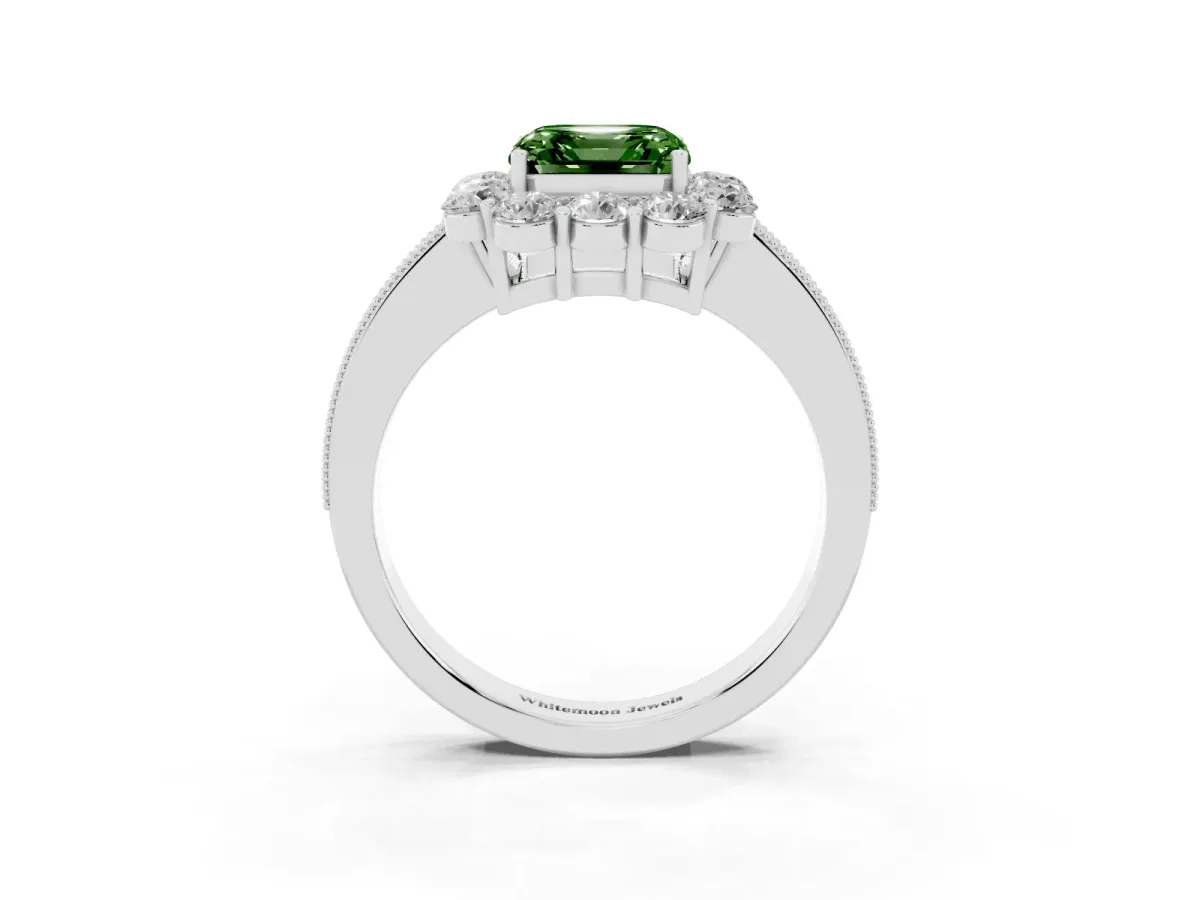 Fancy Green Asscher Cut Cut Halo Diamond Pavé Engagement Ring with Milgrain Detailing Platinum