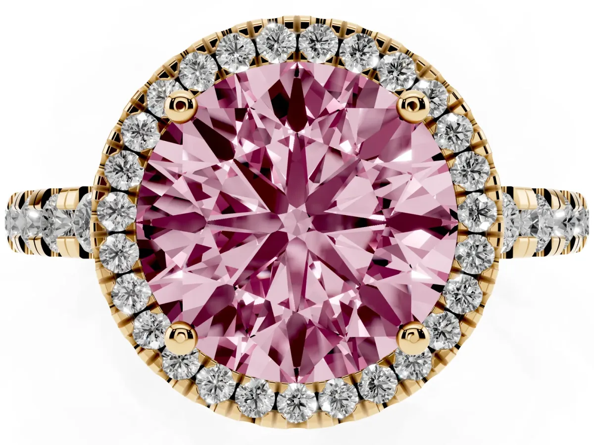 Fancy Pink Round Cut Diamond Halo Ring with Pavé Band and Four-Prong Setting Yellow gold