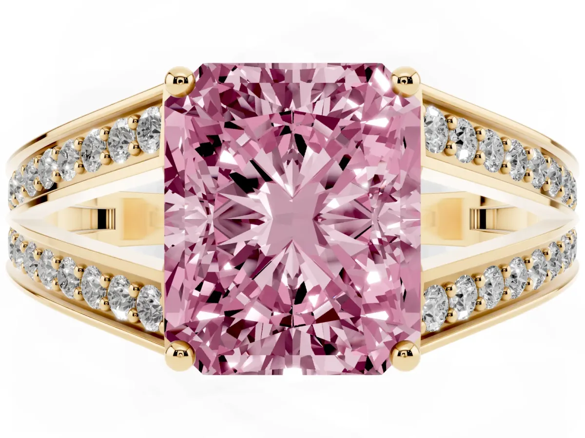 Fancy Pink Radiant Cut Diamond Split Shank Ring with Pavé Band and Four-Prong Setting Yellow gold
