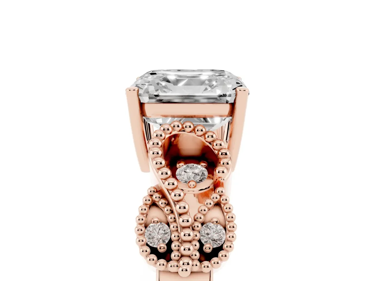 Asscher Cut Solitaire Milgrain Leaf Band with Prong Setting Rose gold