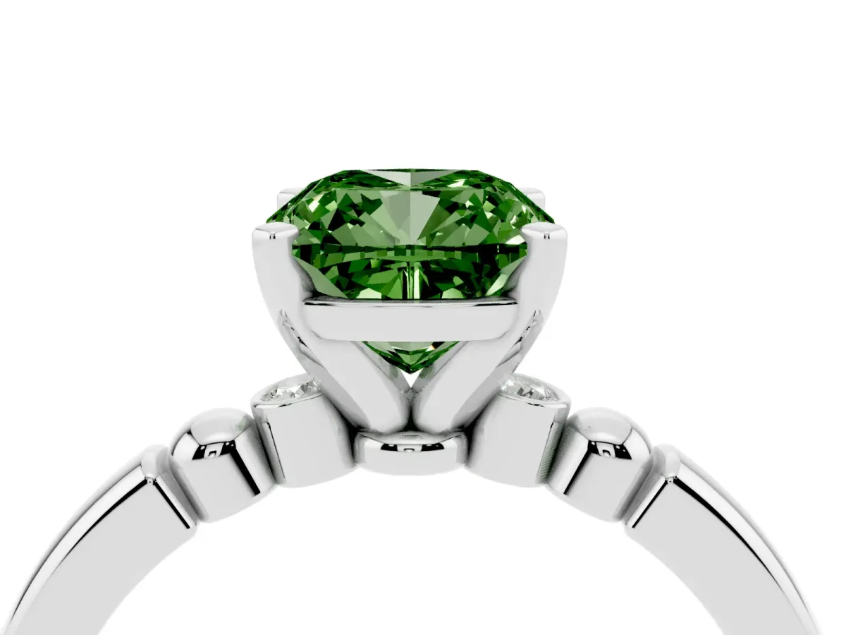 Fancy Green Cushion Cut Solitaire Beaded Band with Four-Prong Setting Silver