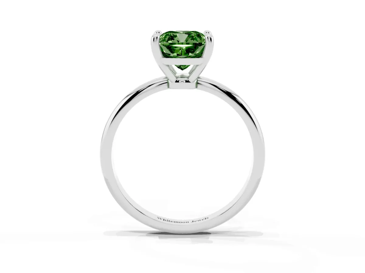 Fancy Green Cushion Cut Solitaire Diamond Ring with 4-Prong Setting on a Classic Band Silver