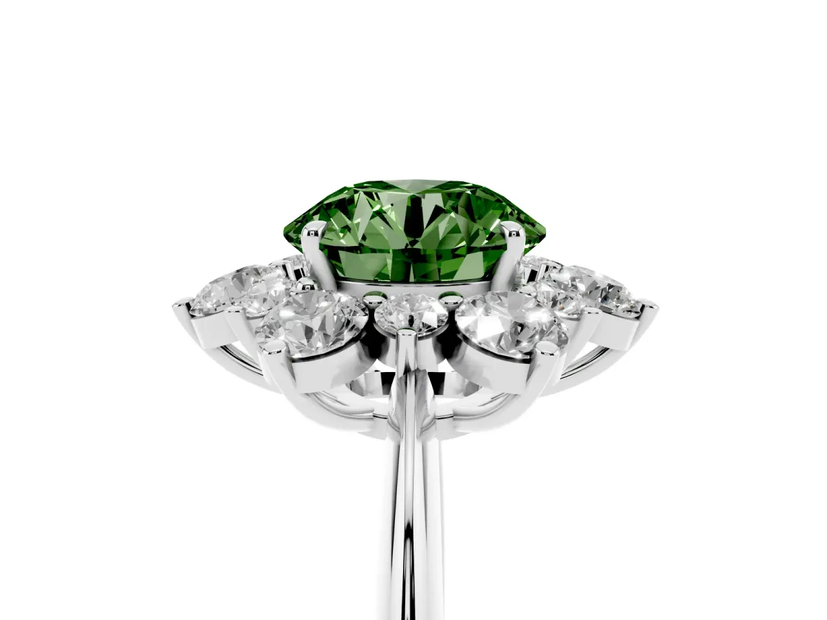 Fancy Green Round Cut Diamond Cluster Halo Ring with Solitaire Band and Four-Prong Setting Platinum