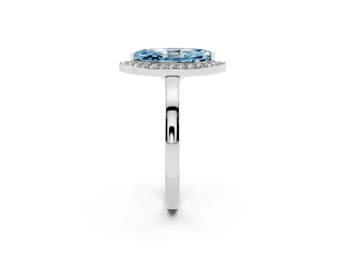 Fancy Blue Marquise Cut Halo Diamond Ring with Solitaire Band and Prong Setting Platinum