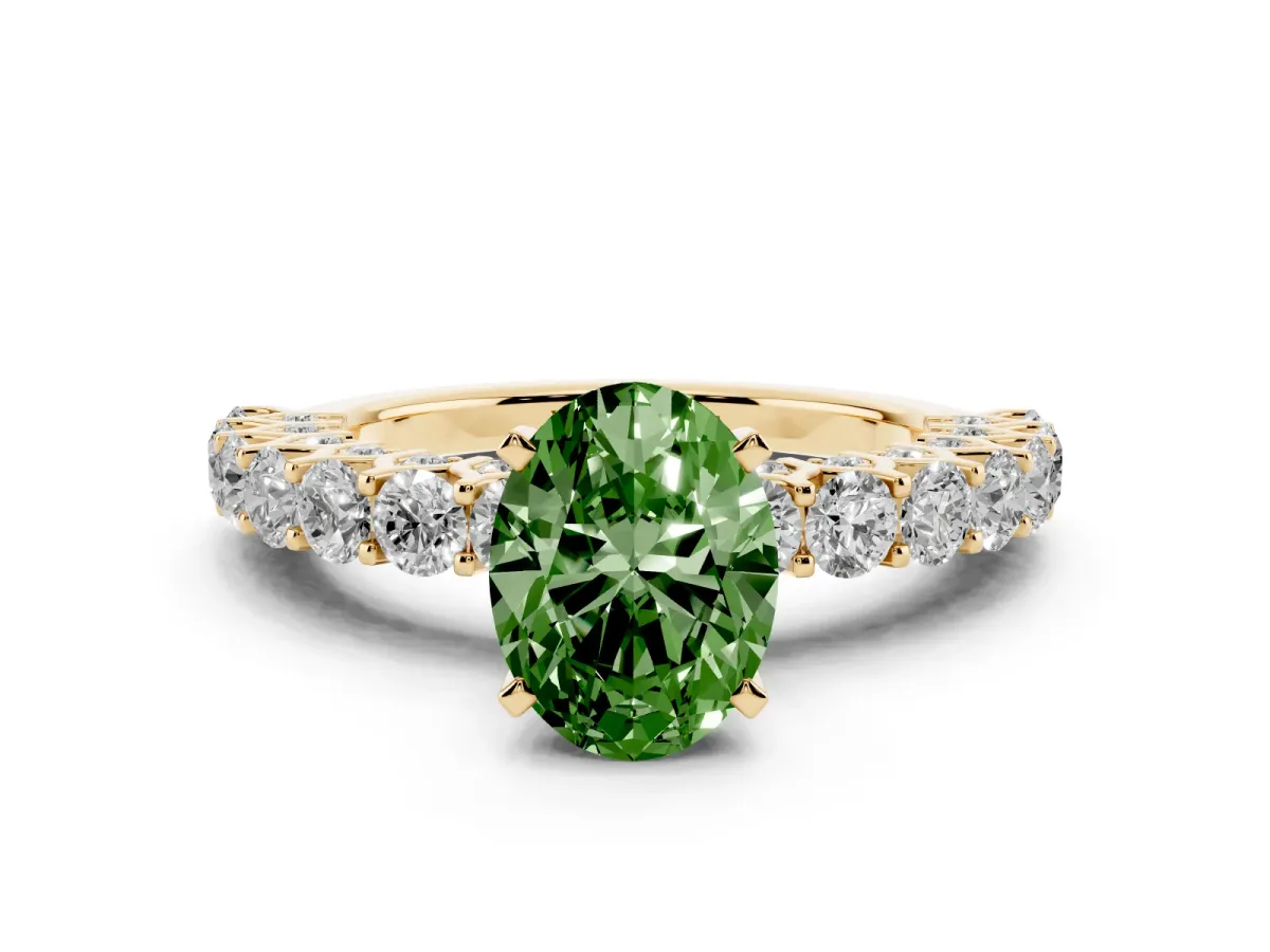 Fancy Green Oval Cut Diamond Solitaire Ring with Shared Prong Pavé Band and Four-Prong Setting Yellow gold