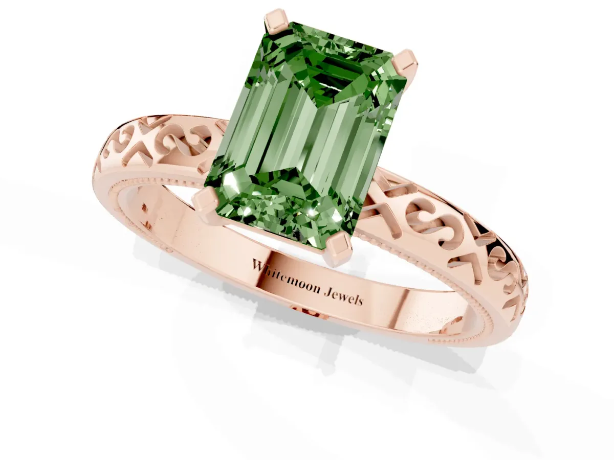 Fancy Green Emerald Cut Solitaire Engagement Ring with Scrollwork Band and Four-Prong Setting Rose gold