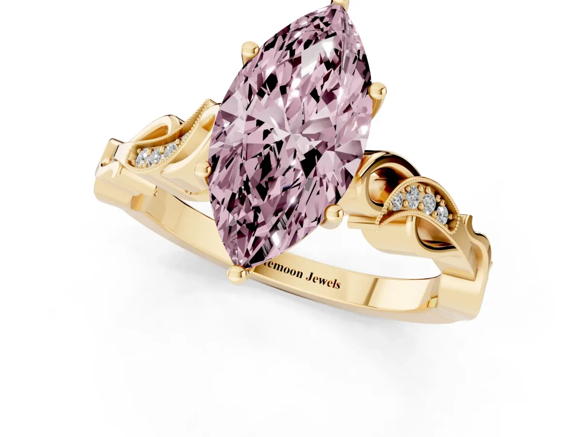 Fancy Pink Marquise Cut Solitaire Vine Band with Milgrain Prong Setting Yellow gold