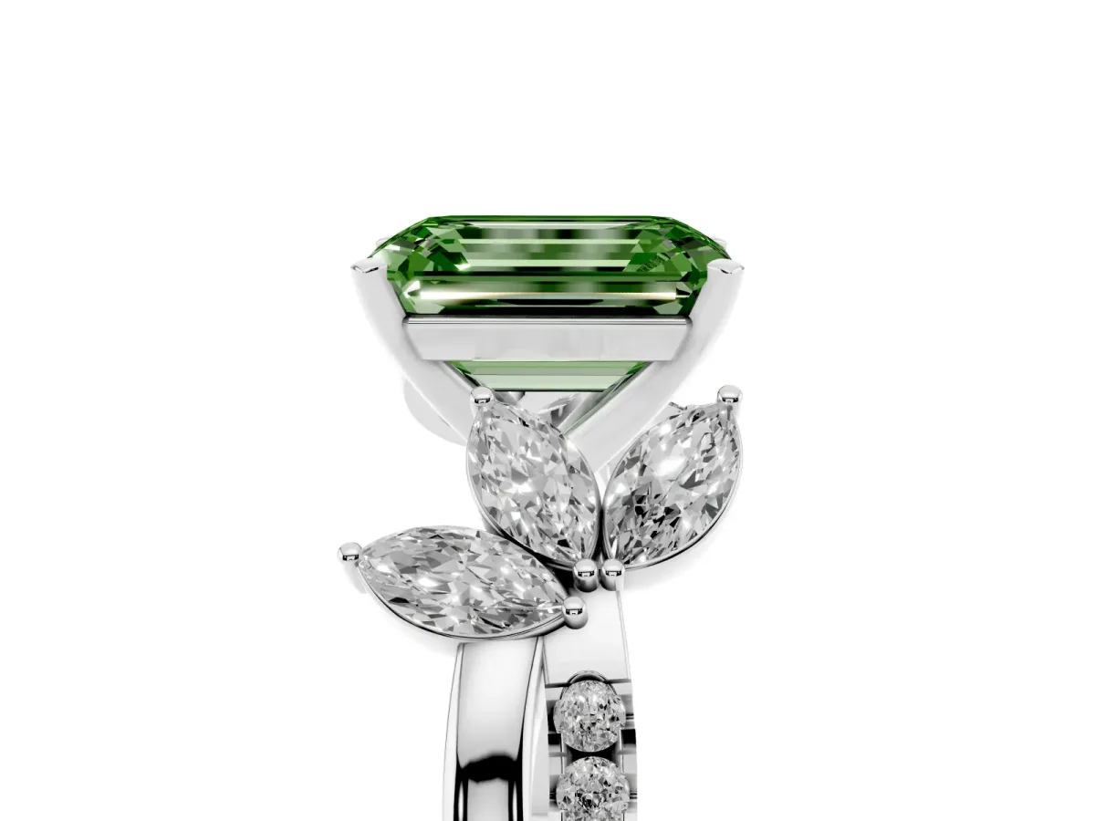 Fancy Green Emerald Cut Diamond Floral Vine Solitaire Engagement Ring Platinum